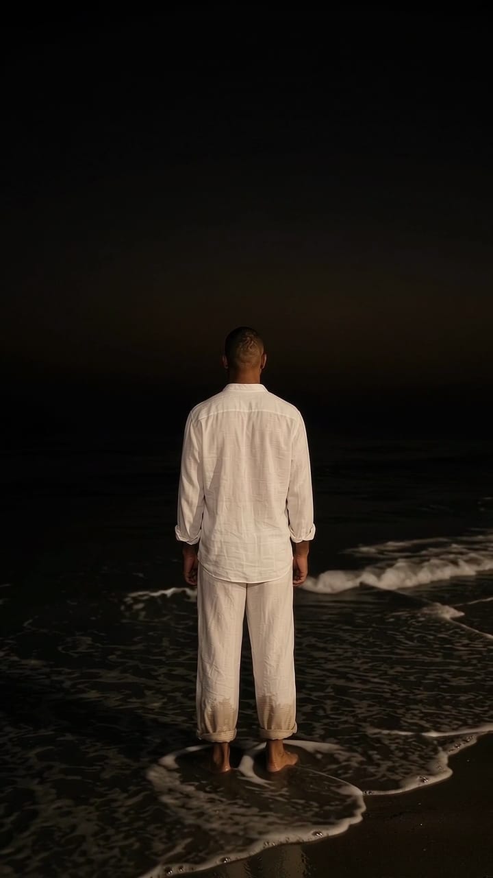 Um homem de linho branco, de costas, com os pés na água numa praia à noite, enquanto pequenas ondas quebram.